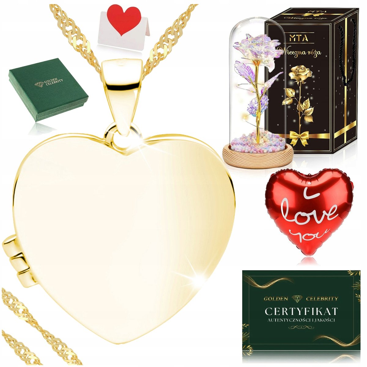 ZŁOTY NASZYJNIK DAMSKI SERCE OTWIERANE PUZDERKO 925+RÓŻA WIECZNA ZESTAW LED