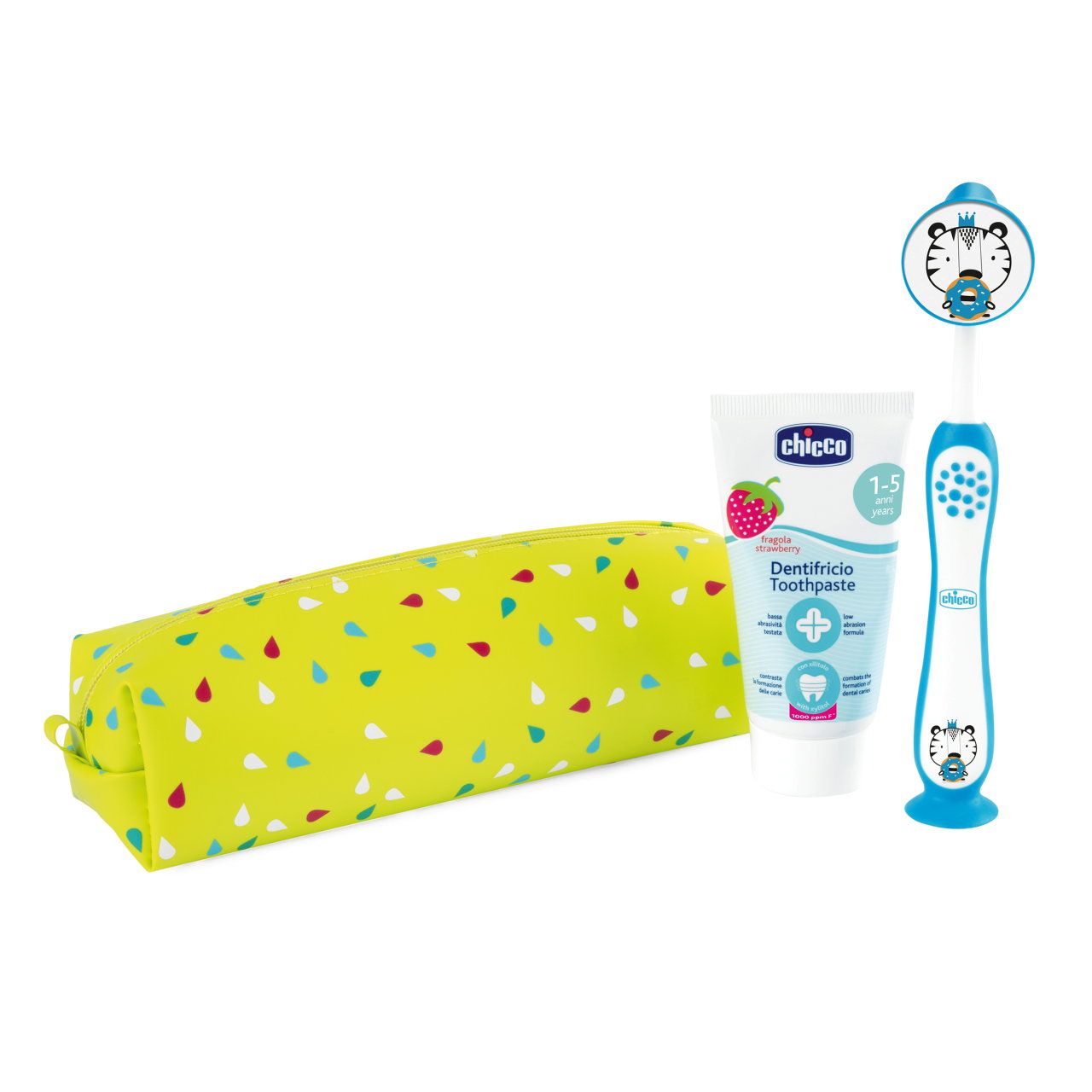 CHICCO SET Tiger pasta do zębów Truskawkowa 50ml + szczoteczka do zębów 3-6l