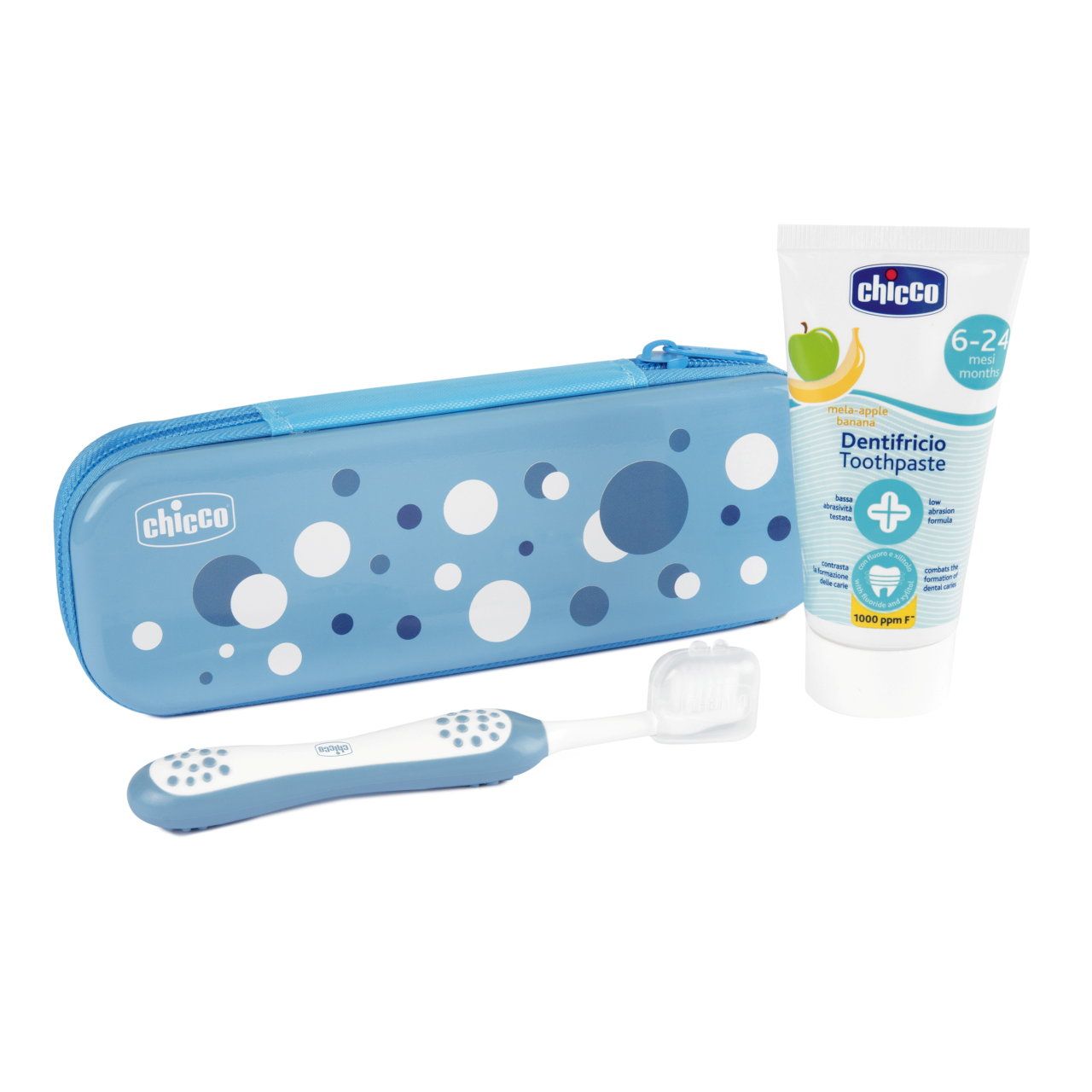 CHICCO SET Zawsze z Uśmiechem Indigo pasta do zębów Jabłko Banan 6-36m 50ml + szczoteczka do zębów z miękkim włosiem