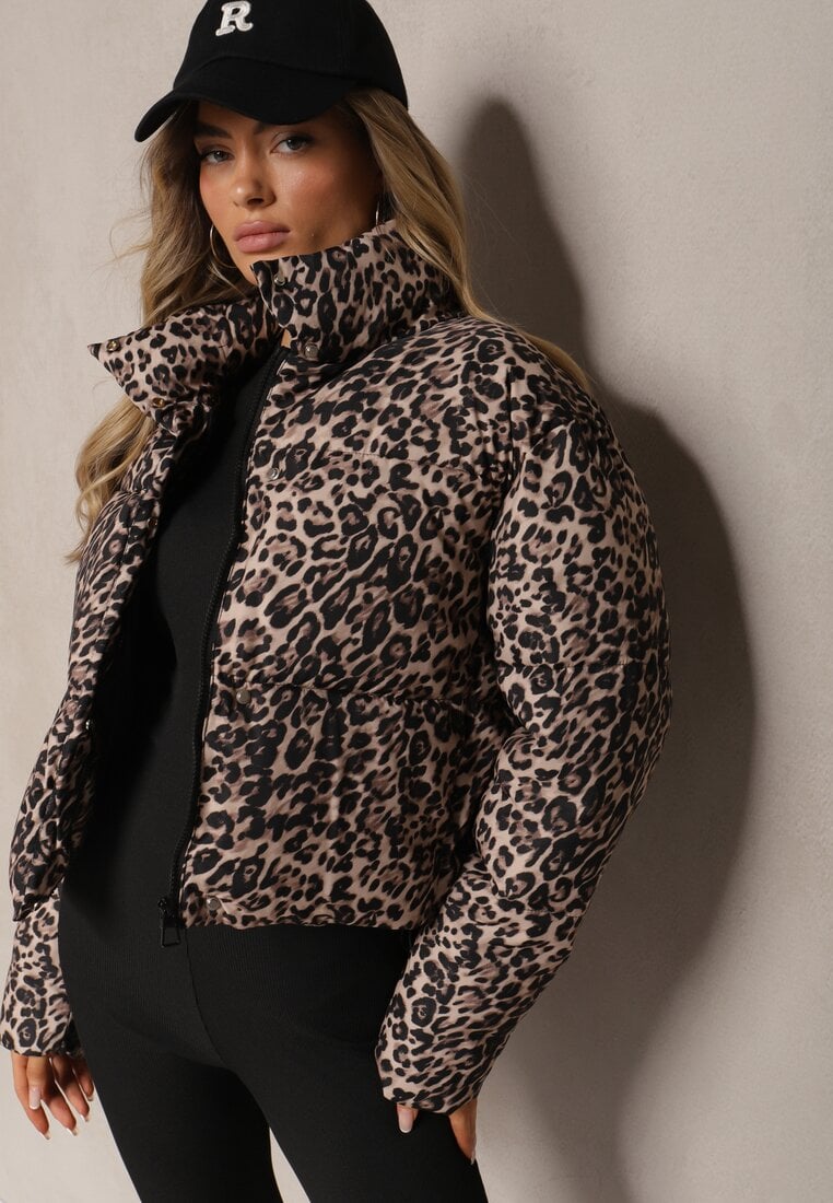 Brązowa Panterkowa Kurtka Pikowana o Krótkim Kroju ze Ściągaczami Ivilda