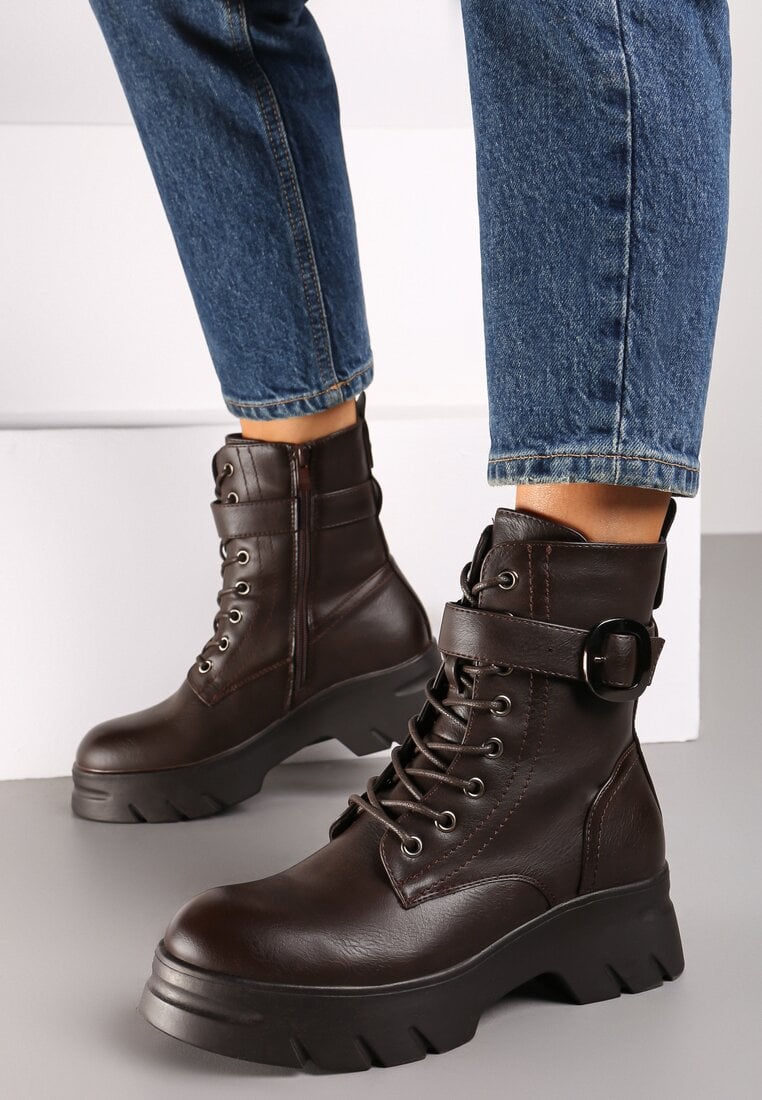 Brązowe Botki w Stylu Workerów na Grubej Podeszwie Berimona
