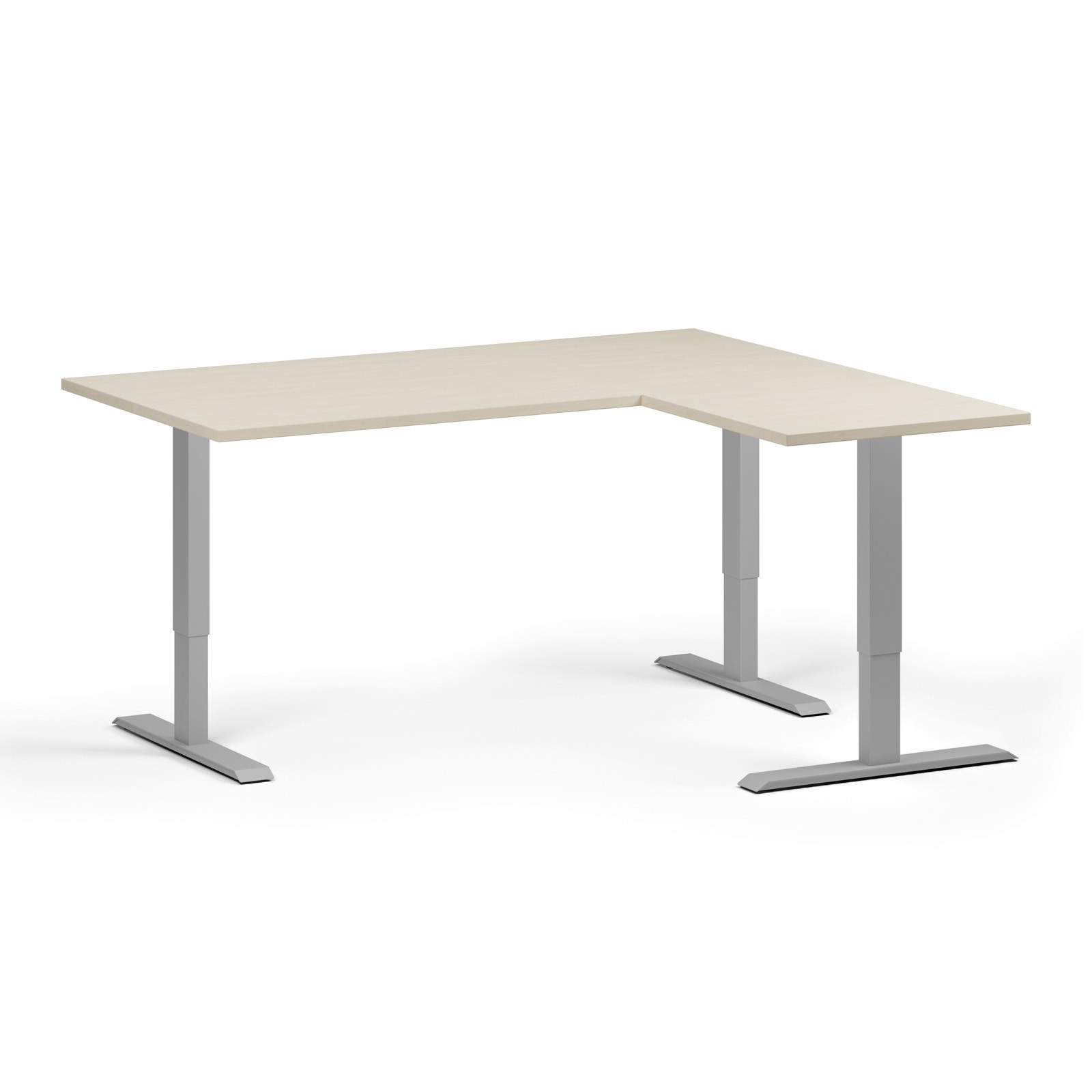 Stół z regulacją wysokości, 3 silniki, 745 - 1215 mm, narożnik L/P, blat 1600 x 1400 mm, podstawa szara, brzoza