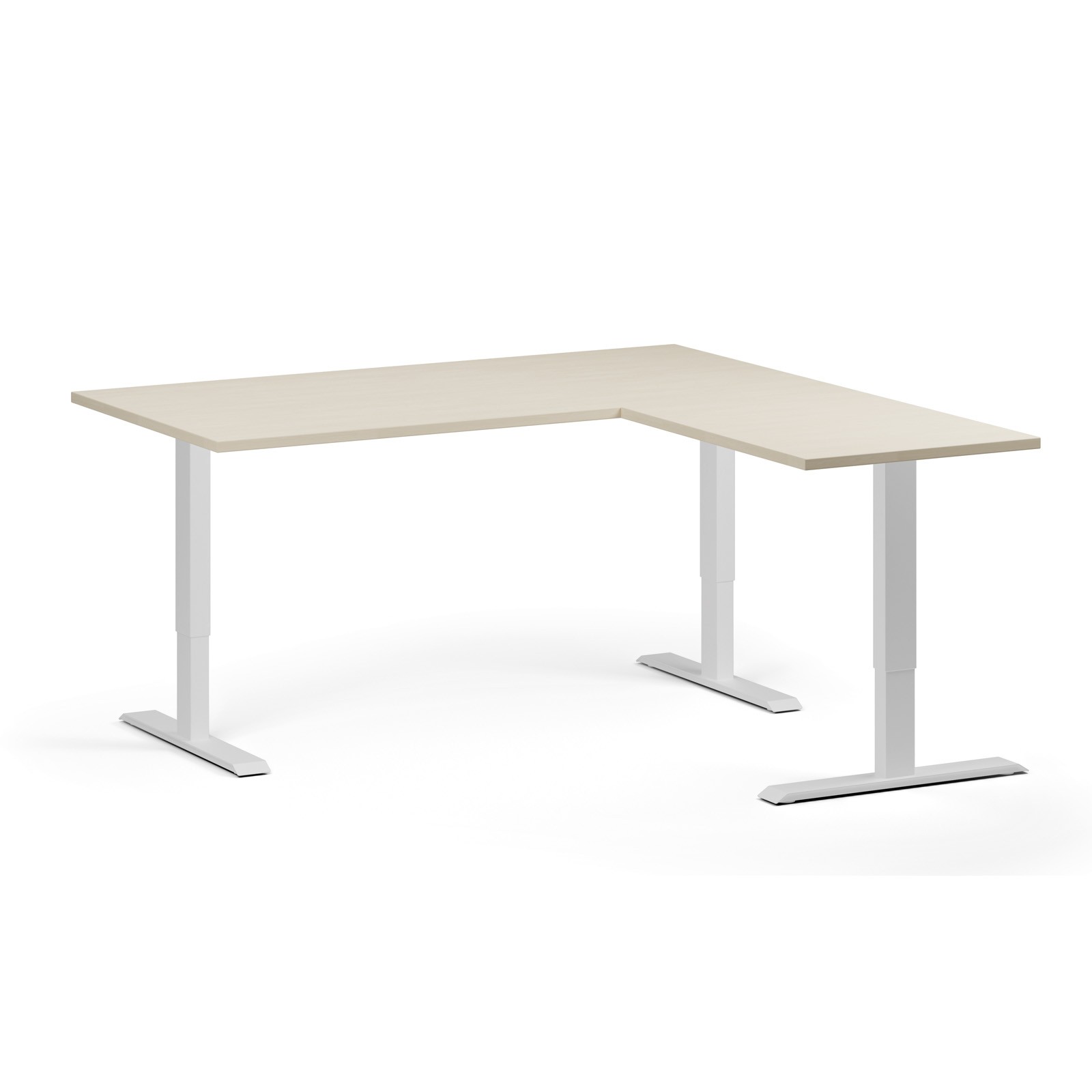 Stół z regulacją wysokości, 3 silniki, 745 - 1215 mm, narożnik L/P, blat 1600 x 1600 mm, podstawa biała, brzoza