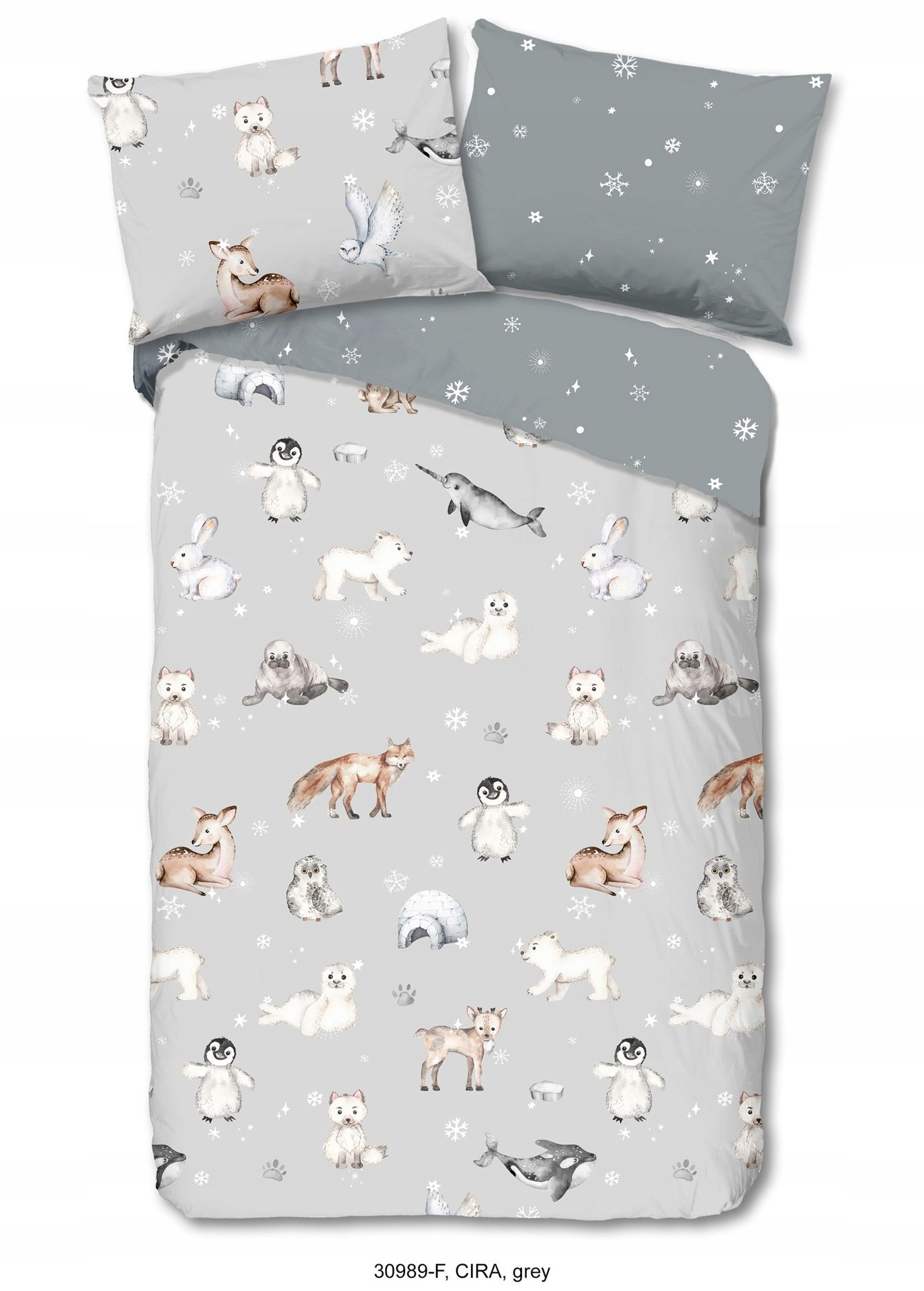 Pościel Flanelowa Zwierzęta Arktyczne 140X200 Szara Sowa Lis Królik Flanela