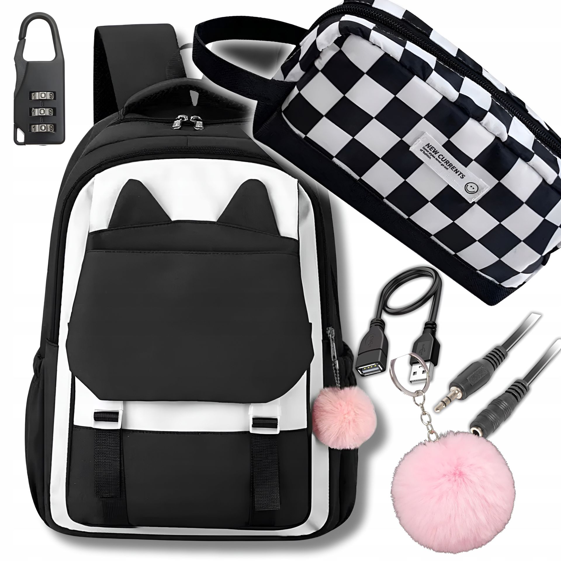 Plecak Szkolny Kot kotek Szkoły Młodzieżowy Piórnik Zestaw Kotkiem Usb 6w1