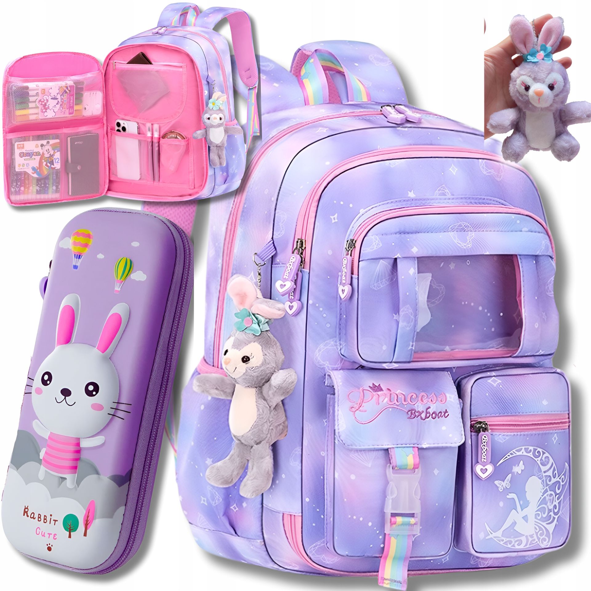 Plecak Szkolny Tornister+ Piórnik Tęczowy Zając Odblaski Dziewczynki Zestaw