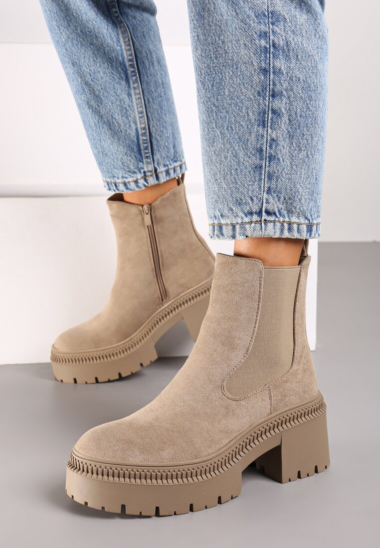 Ciemnobeżowe Botki na Platformie i Obcasie Sztyblety w Stylu Grunge z Elastyczną Wstawką Lerisela