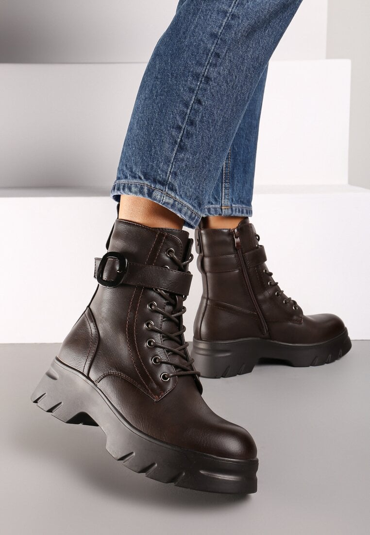 Brązowe Botki Workery z Ozdobną Klamerką i Grubą Podeszwą Beriela