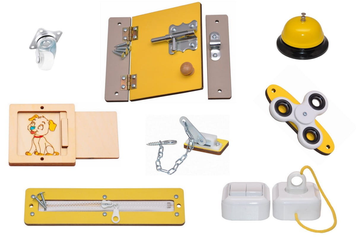 Żółty zestaw elementów do tablicy manipulacyjnej, sensorycznej.