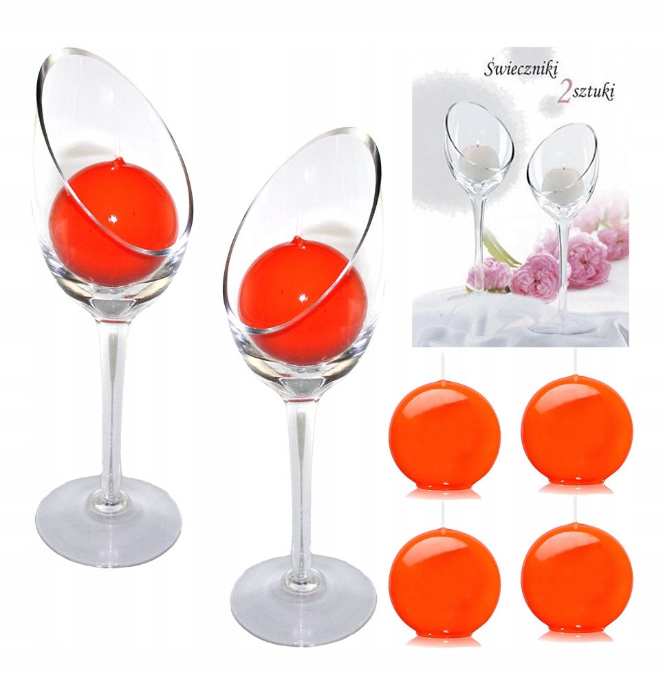 2x Świecznik szklany w komplecie 4 świece kula pomarańczowa błyszcząca