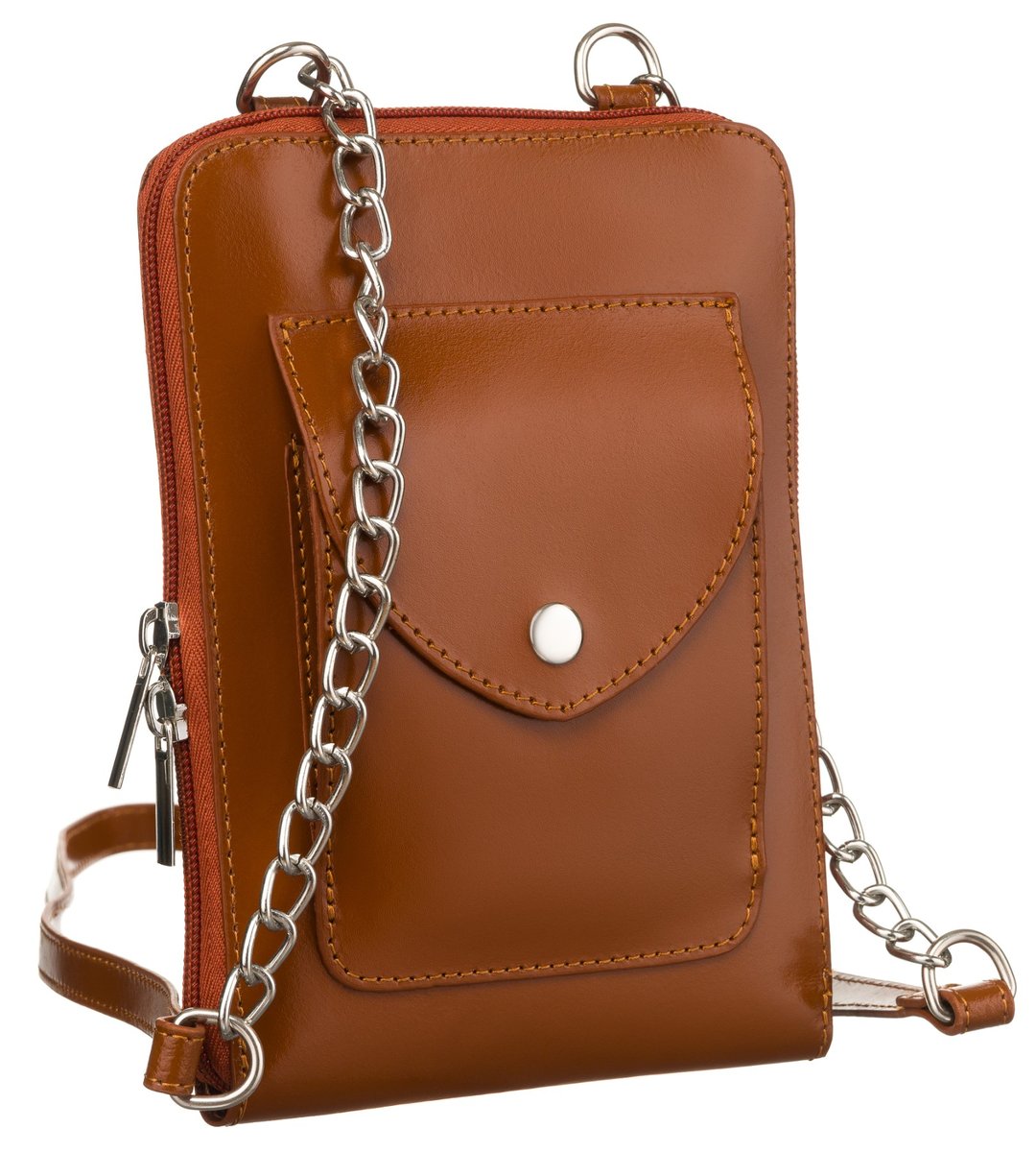 Skórzana torebka damska saszetka na suwak modna listonoszka crossbody z łańcuchem, brązowy