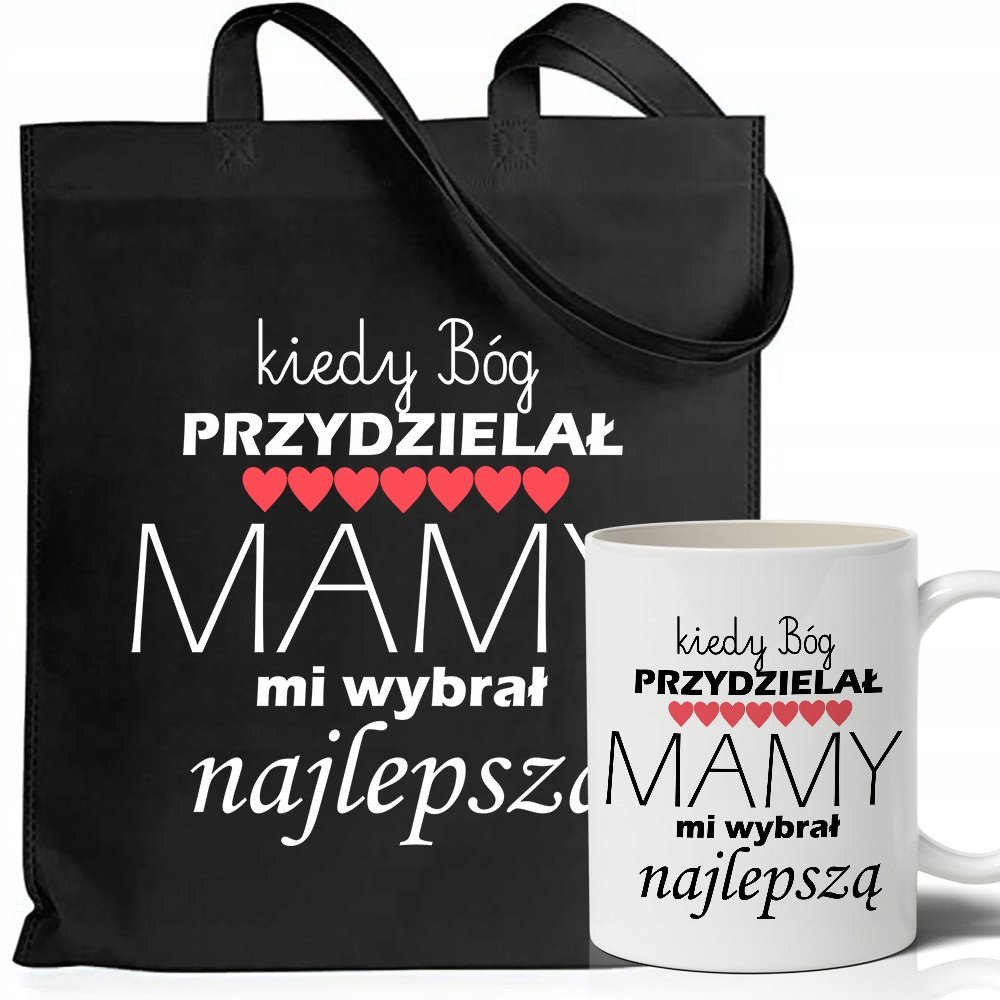 TORBA BAWEŁNIANA KUBEK BIAŁY KIEDY BÓG PRZYDZIELAŁ MAMY PREZENT DZIEŃ MAMY