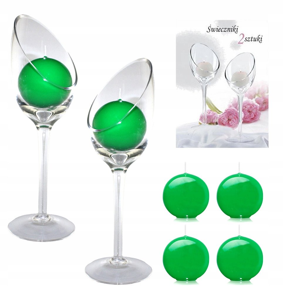 2x Świecznik szklany w komplecie 4 świece kula zielona błyszczący lakier