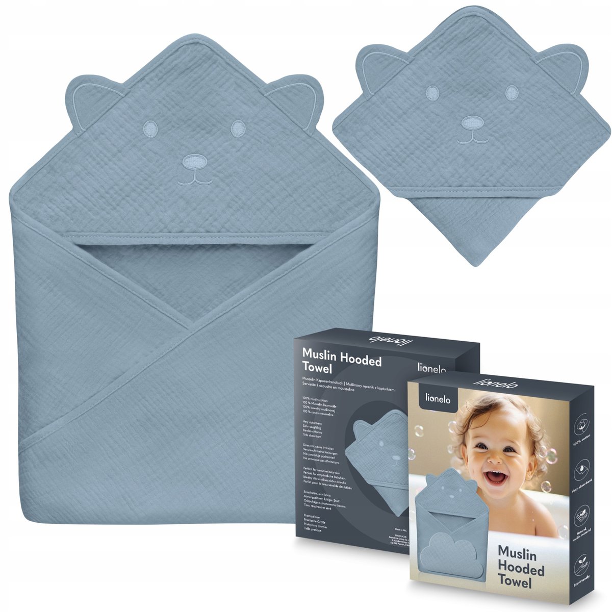 Lionelo Ręcznik Z Kapturkiem Muslinowy Hooded Towel Grey Sky