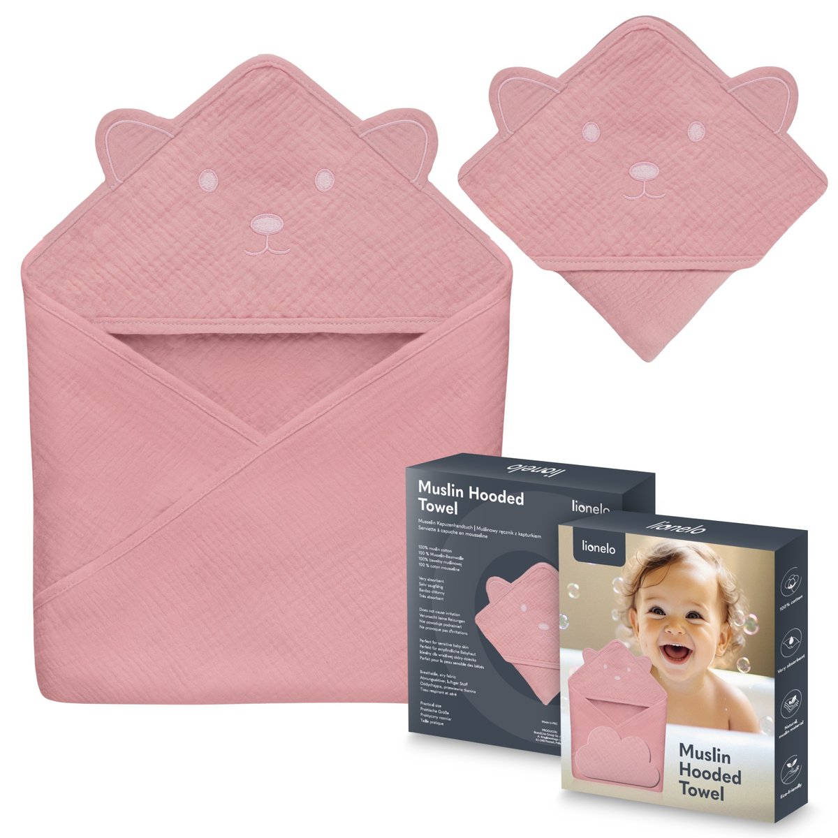 Lionelo Ręcznik Z Kapturkiem Muslinowy Hooded Towel Pink Baby