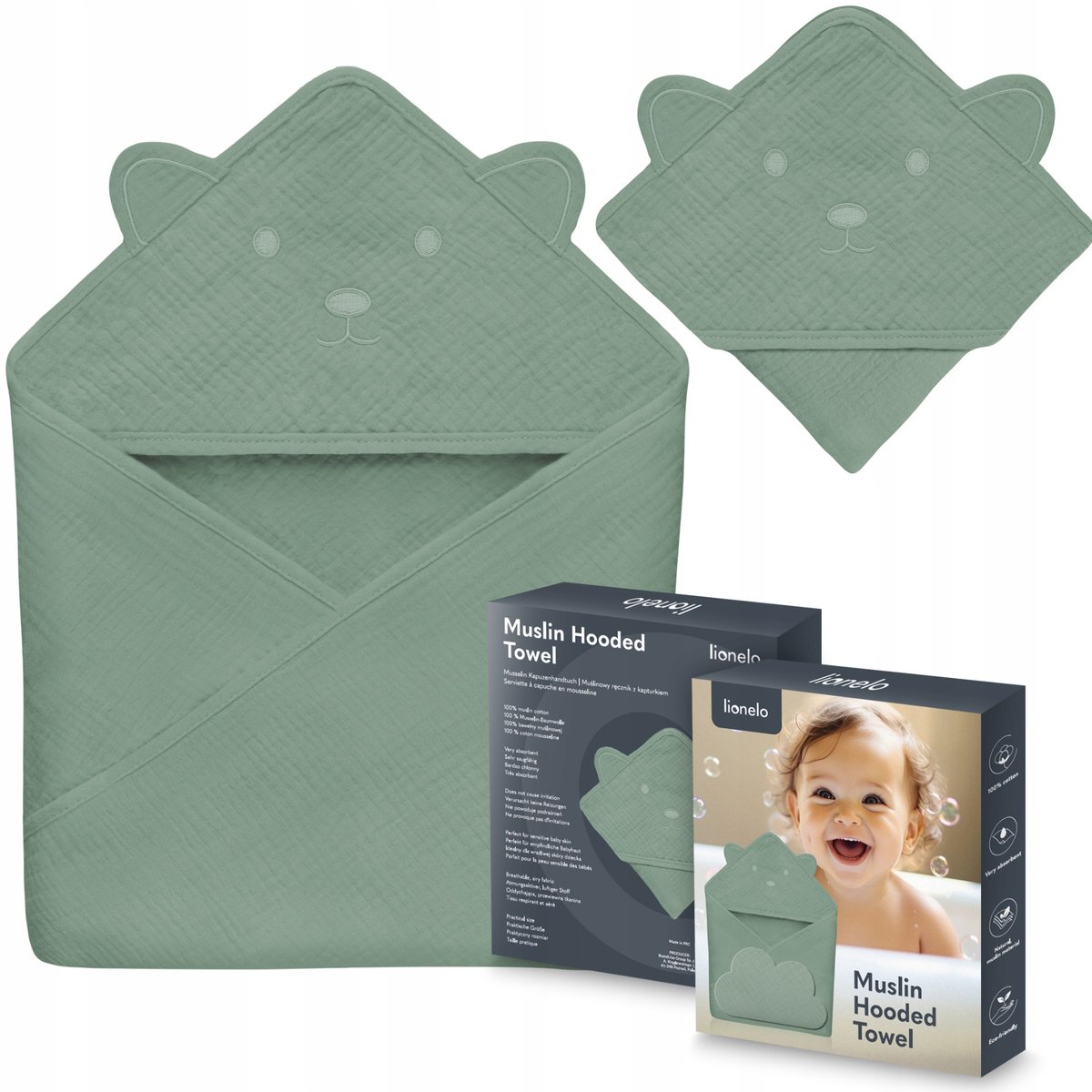 Lionelo Ręcznik Z Kapturkiem Muslinowy Hooded Towel Green Forest