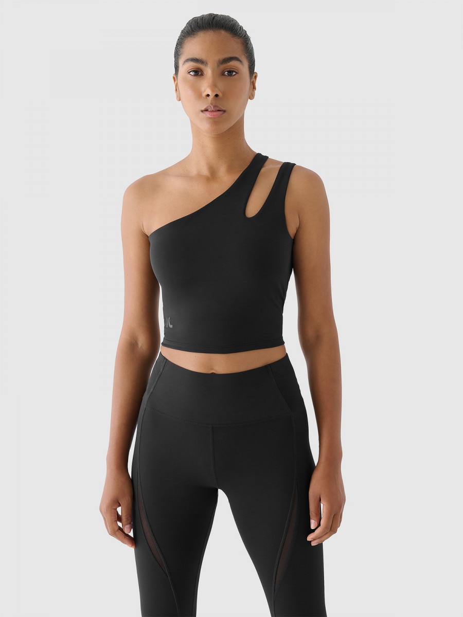 Damski crop top treningowy na jedno ramię 4F x Anna Lewandowska 4FALSAW24TFSLF515 - czarny - 4F x AL
