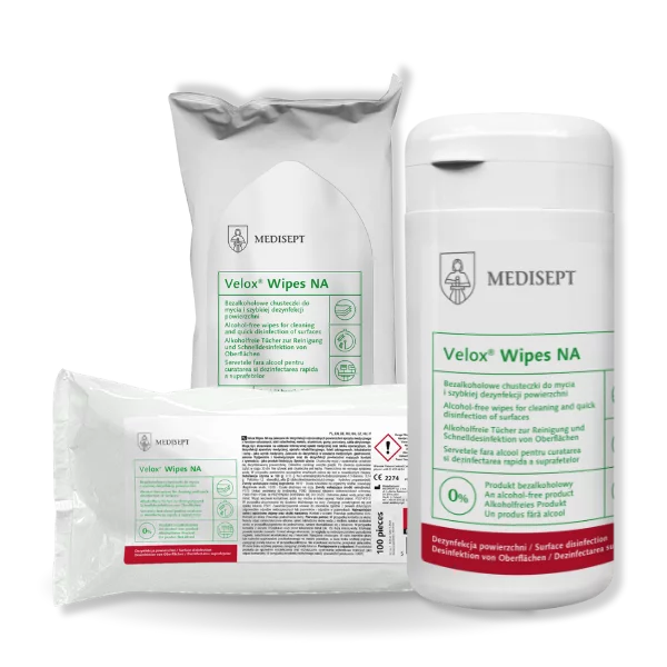 Velox Wipes NA Bezalkoholowe Chusteczki Do Mycia I Dezynfekcji Małych Powierzchni I Sprzętu Medycznego FlowPack 50 Szt