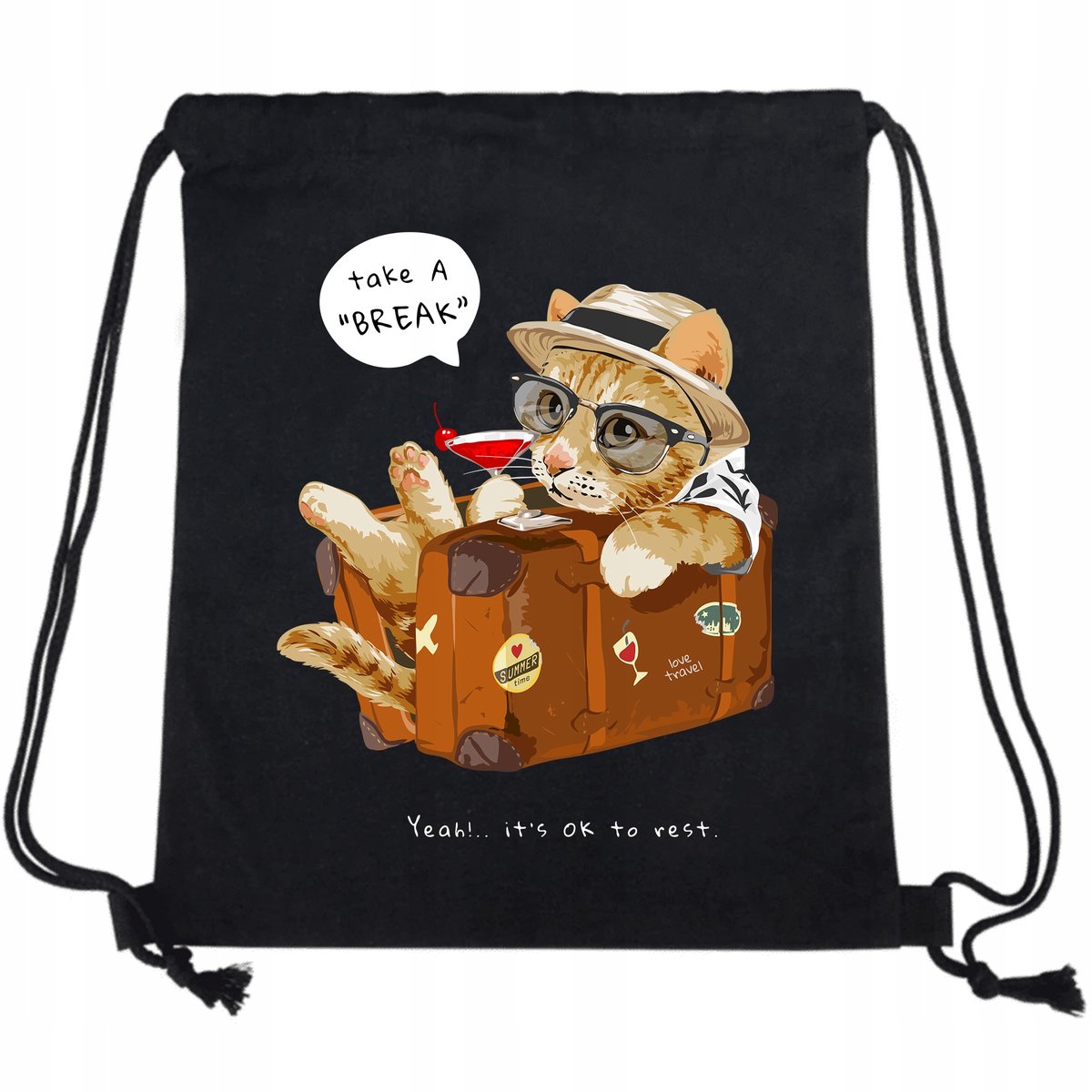 PLECAK WOREK Czarny Bawełna Mocny KOT PODRÓŻ Wzory