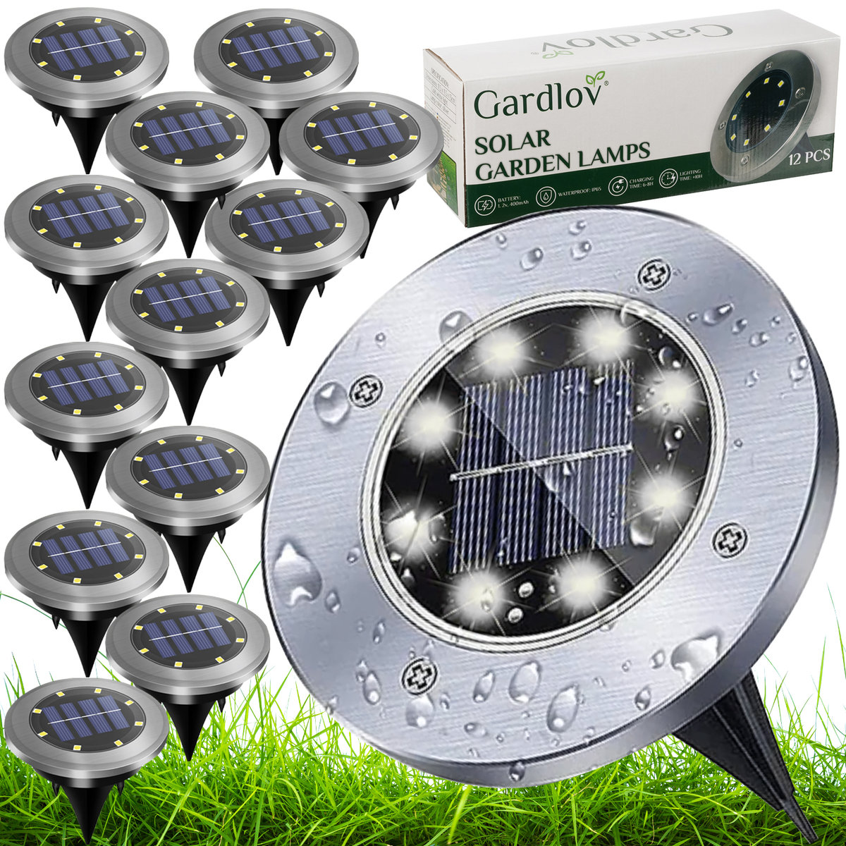 Lampki Solarne Ogrodowe Najazdowe LED Zestaw 12szt Wbijane Gruntowe Dysk GARDLOV