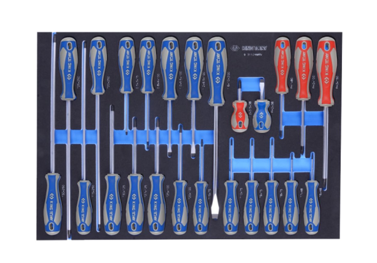 ZESTAW WKRĘTAKÓW 24 cz. KRZYŻAKI PH1 - PH3, PŁASKIE 3 - 10mm, TORX T6 - T30, WKŁAD Z PIANKI EVA DO WÓZKA King Tony