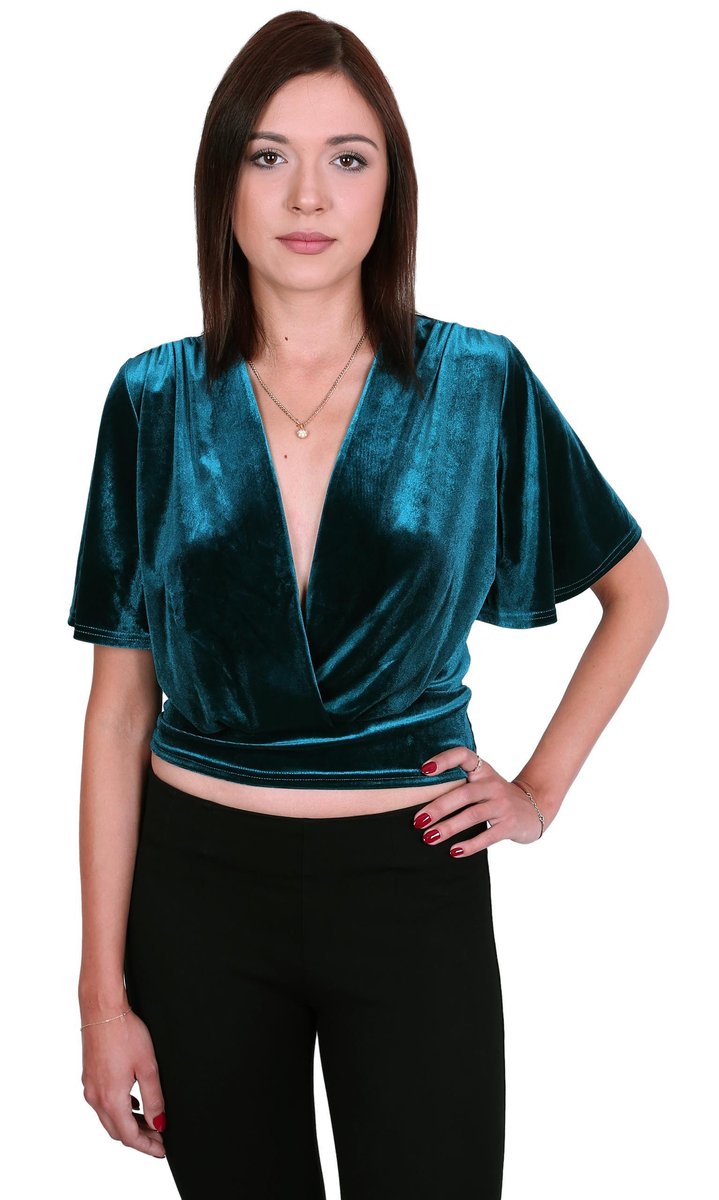 John Zack Turkusowy, elegancki welurowy top M