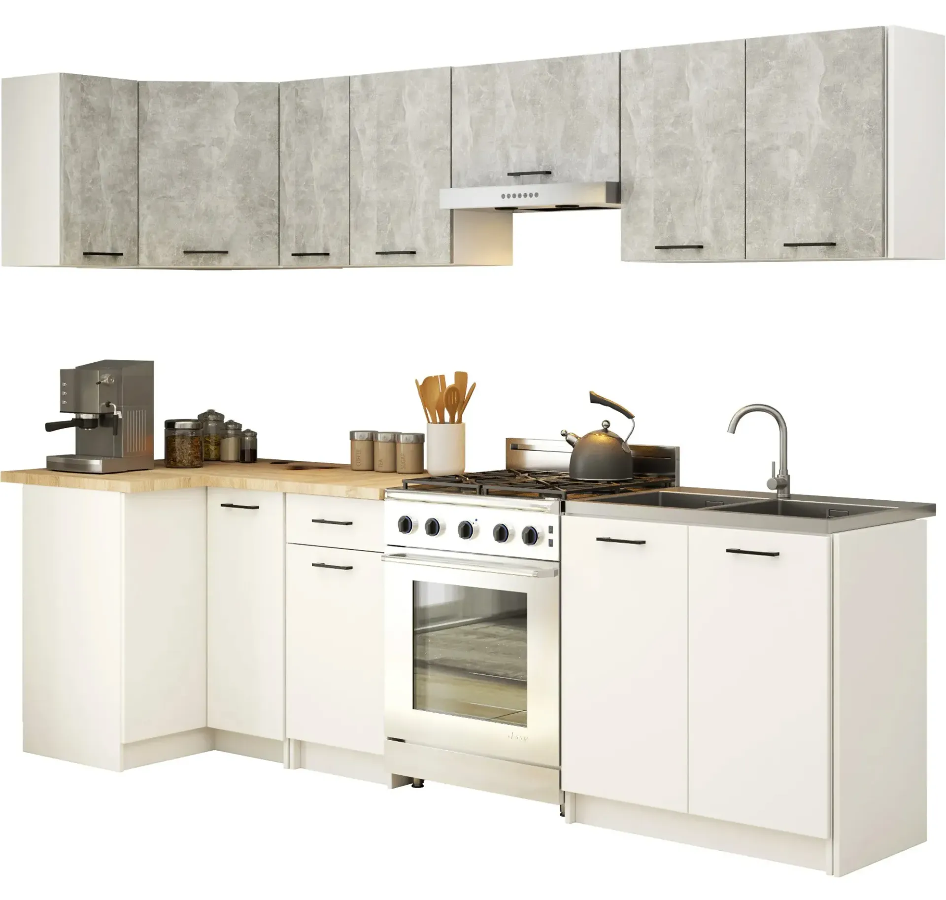 9-częściowy komplet narożnych mebli kuchennych biały + beton R2-N60