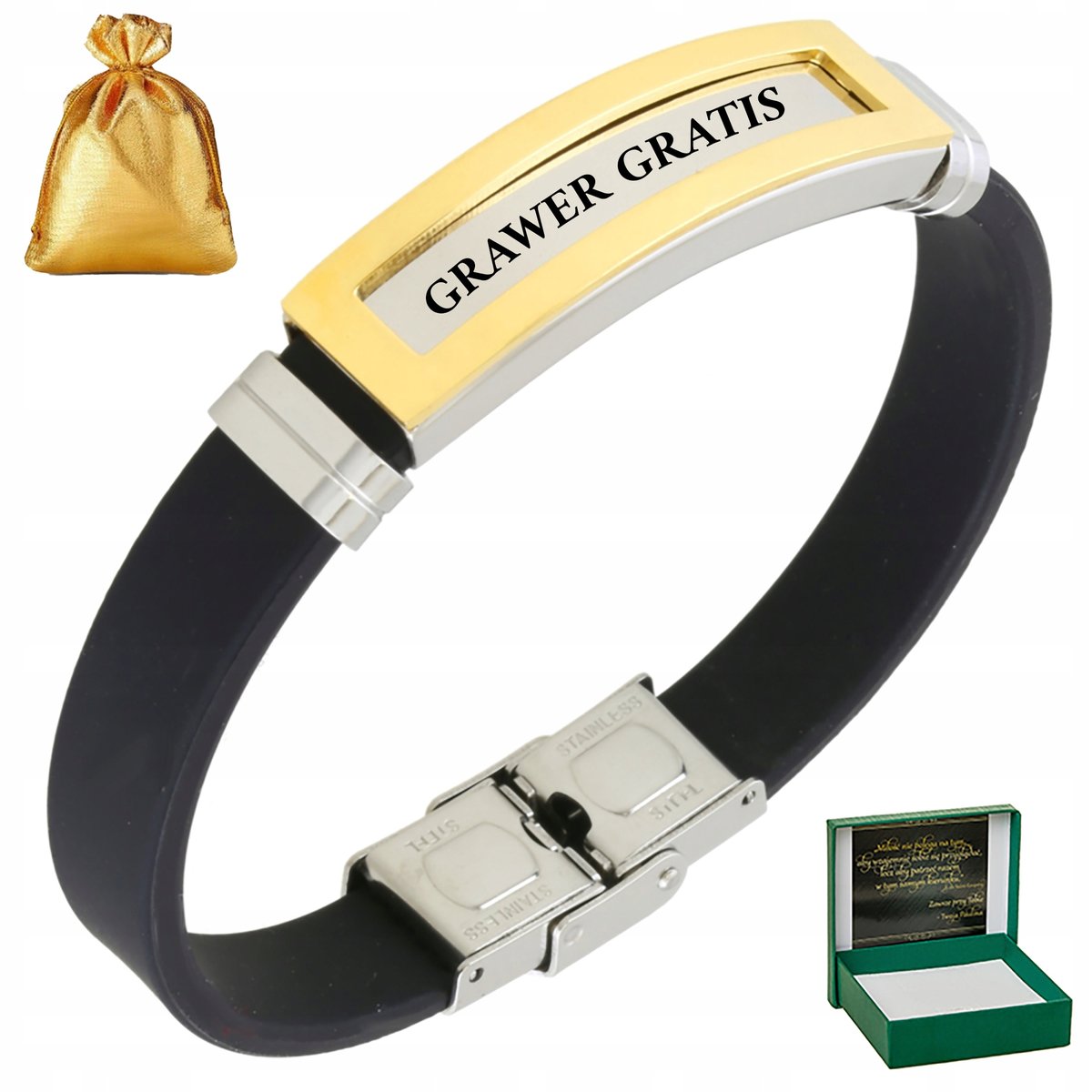 BRANSOLETKA MĘSKA SKÓRZANA CZARNA / SREBRNA / ZŁOTA + DEDYKACJA + GRAWER