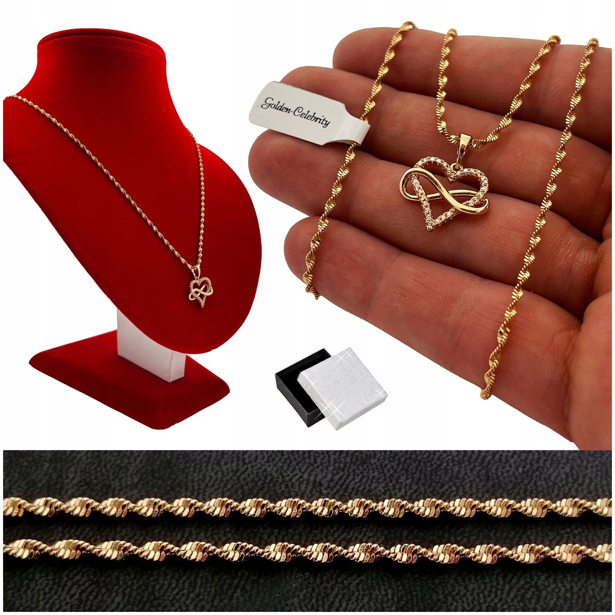ZŁOTY NASZYJNIK SERCE INFINITY NIESKOŃCZONOŚĆ Z CYRKONIAMI PREZENT DLA NIEJ