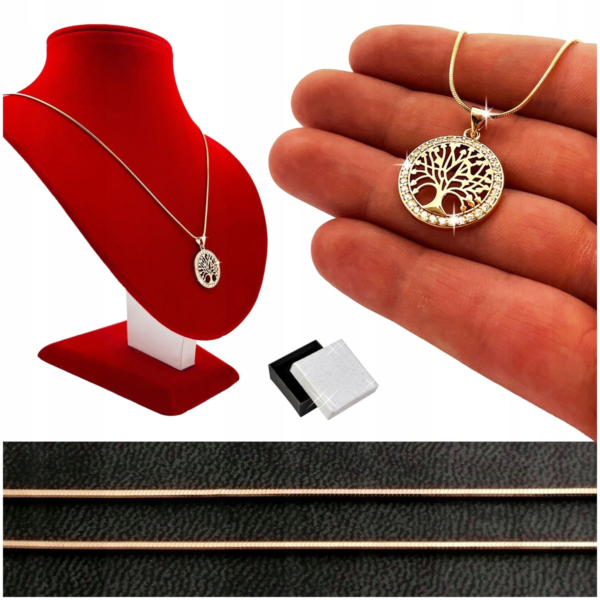 PIĘKNY ZŁOTY NASZYJNIK DRZEWKO SZCZĘŚCIA STAL CHIRURGICZNA Z CYRKONIAMI 18K