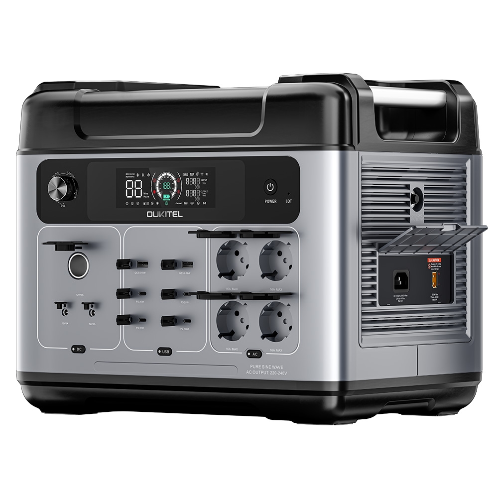 Przenośna stacja zasilania OUKITEL P2001 Plus 2400W, bateria LiFePO4 2048Wh, 13 gniazd, 80% naładowania w godzinę - Szary+Czarny