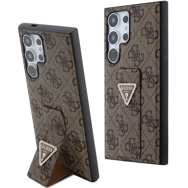 Etui Guess Grip Stand 4G Triangle Strass na Samsung Galaxy S24 Ultra - brązowe