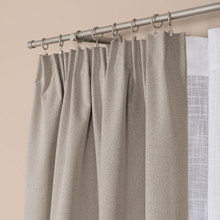 Gotowa zasłona do salonu 100% zaciemniająca na taśmie, kolor ciepły szary, rozmiar 140x250 cm, BLACKOUT