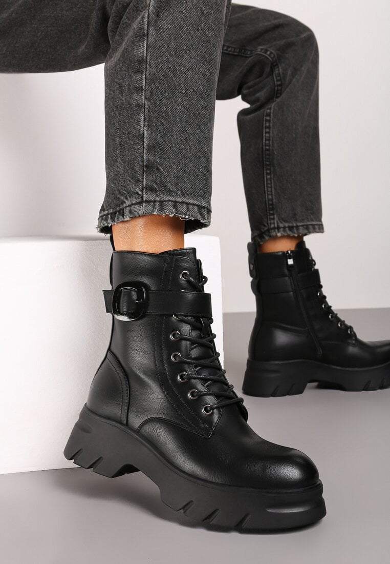 Czarne Botki w Stylu Workerów na Grubej Podeszwie Berimona