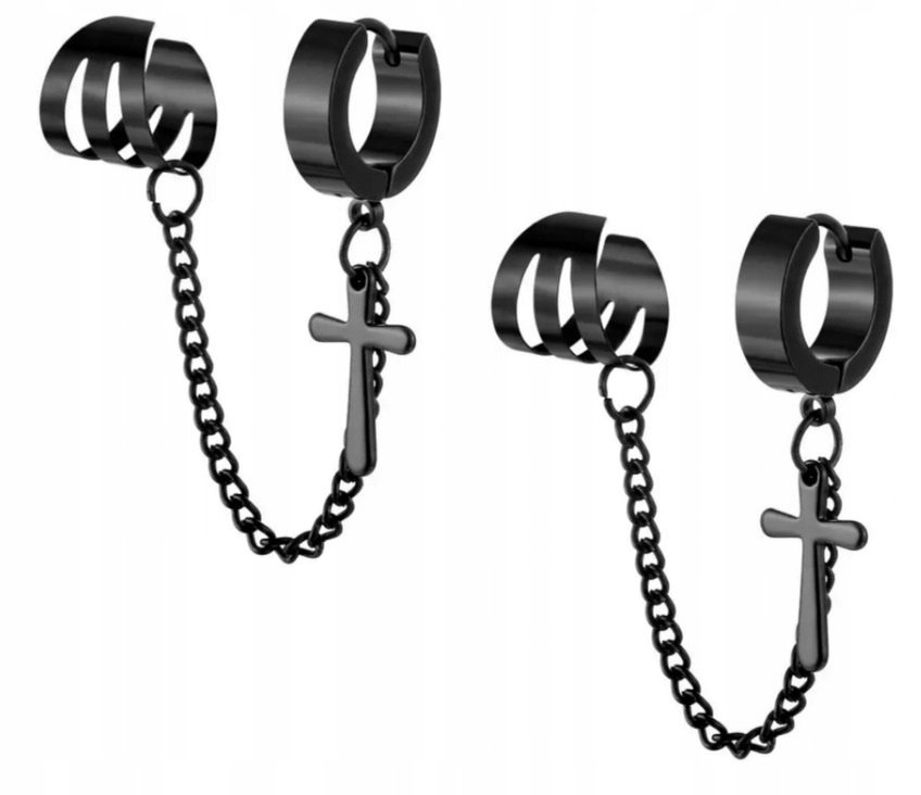 HUGGIE Kolczyki Do Uszu Krzyżyk z Łańcuszkiem Nausznica Punk Gothic STAL