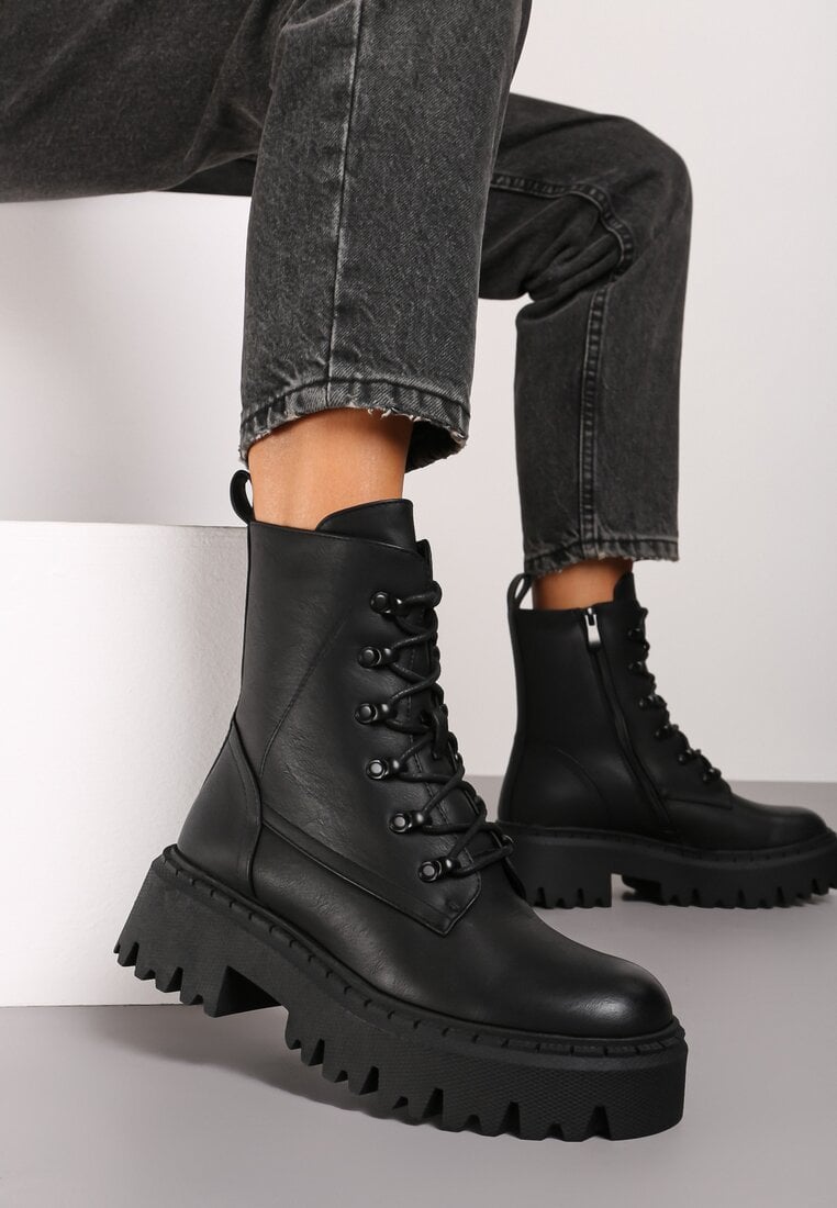 Czarne Masywne Botki Trapery na Platformie w Stylu Militarnym Verola