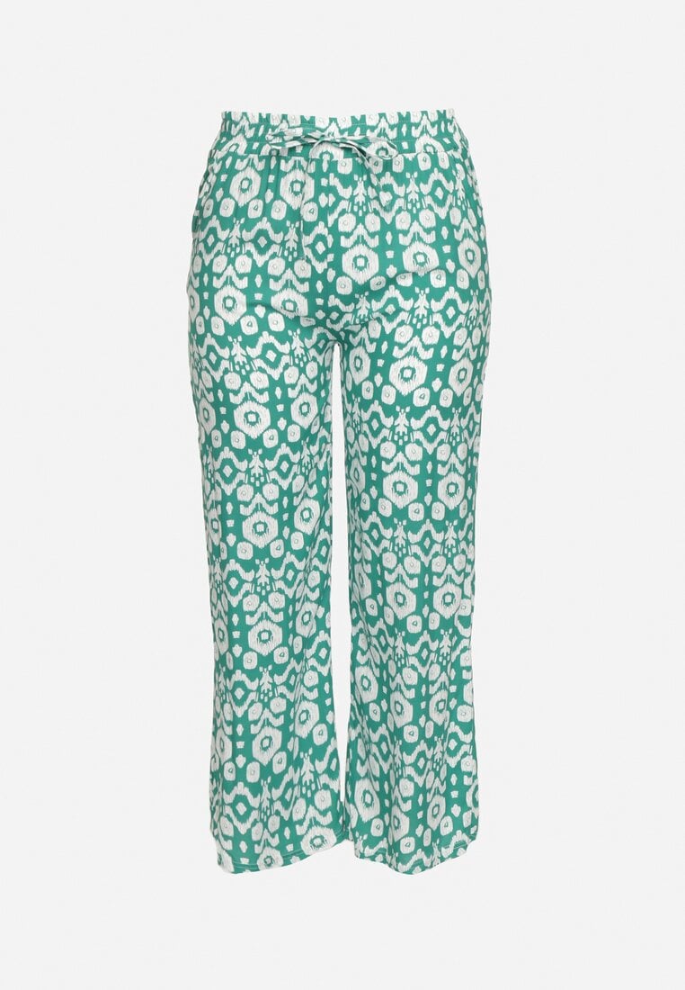 Zielone Szerokie Spodnie w Etno Wzór z Wiskozy z Gumką w Talii Xinaria