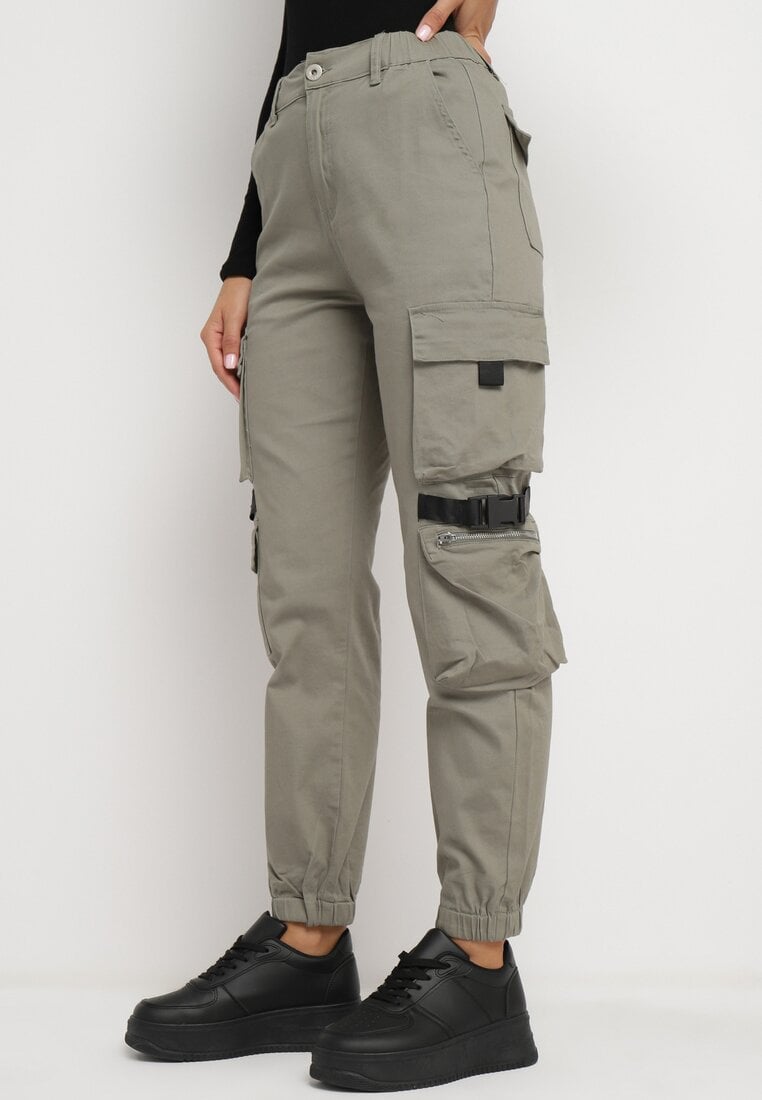 Ciemnozielone Spodnie Cargo z Elastycznej Bawełny Irilene