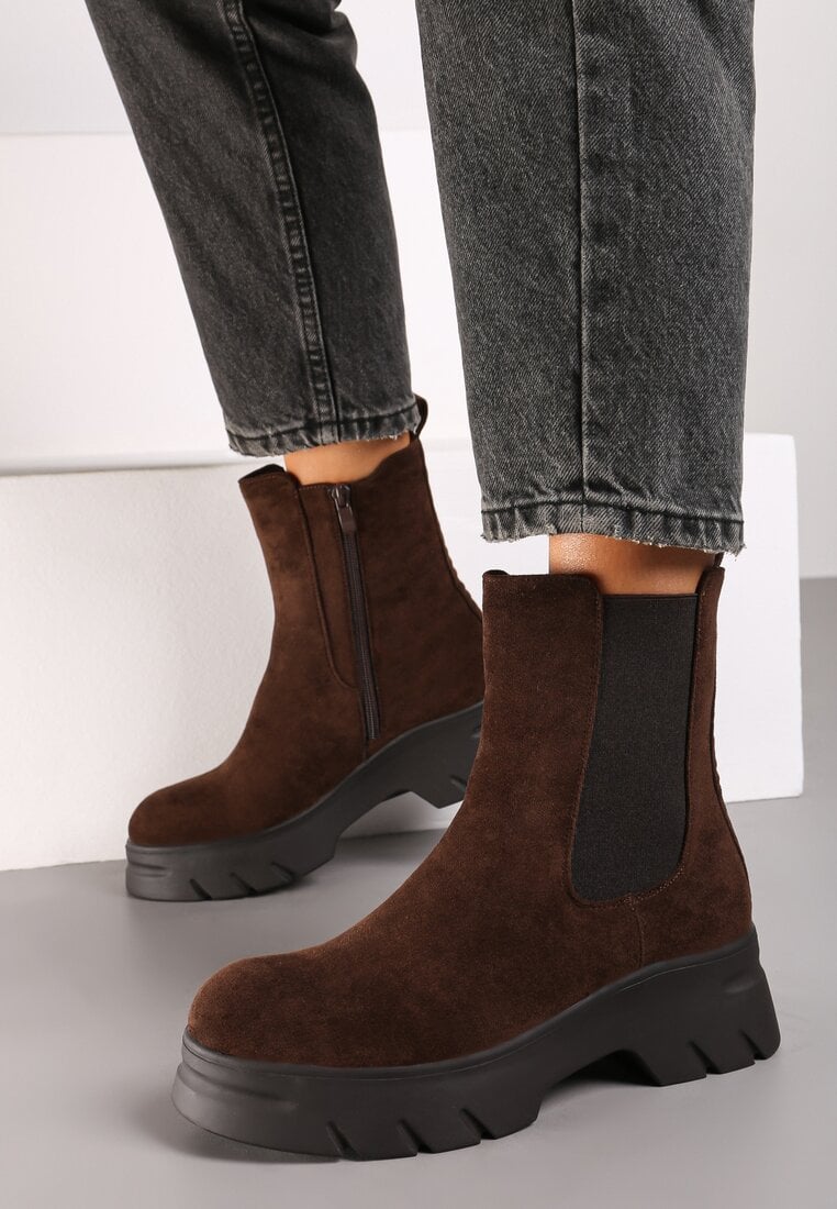 Brązowe Botki Sztyblety na Grubej Podeszwie z Elastyczną Cholewką Mavirae