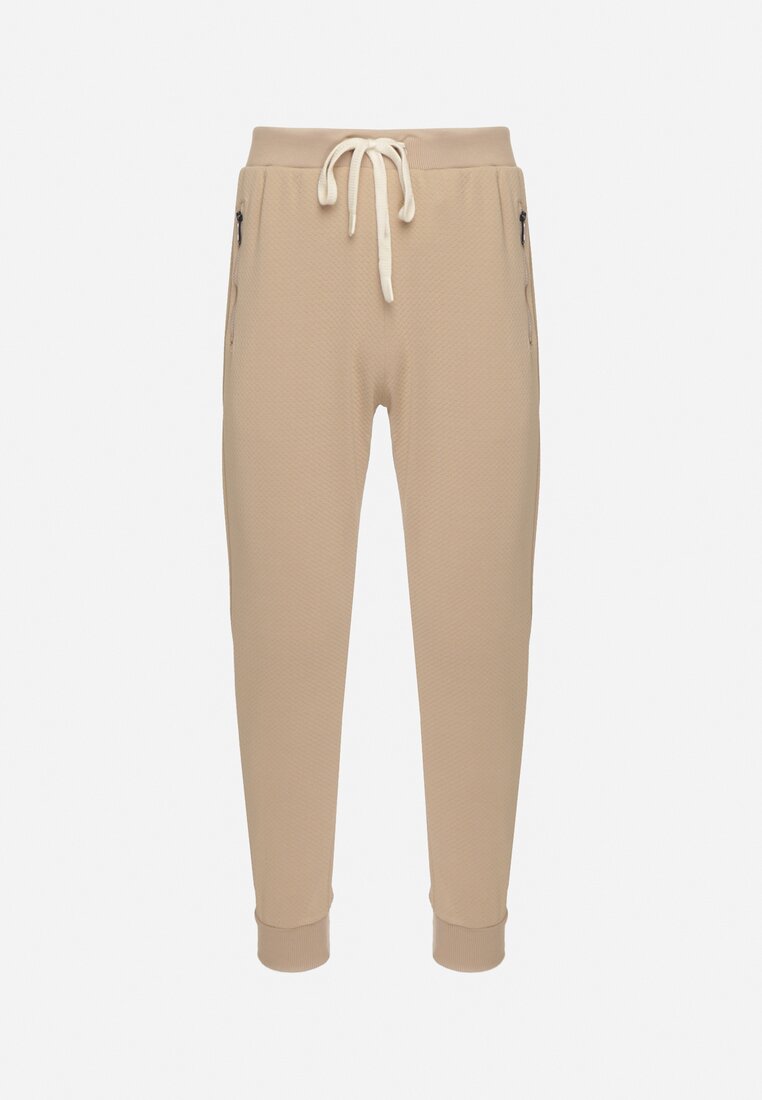 Ciemnobeżowe Spodnie Dresowe z Bawełną z Wysokim Stanem Arliera