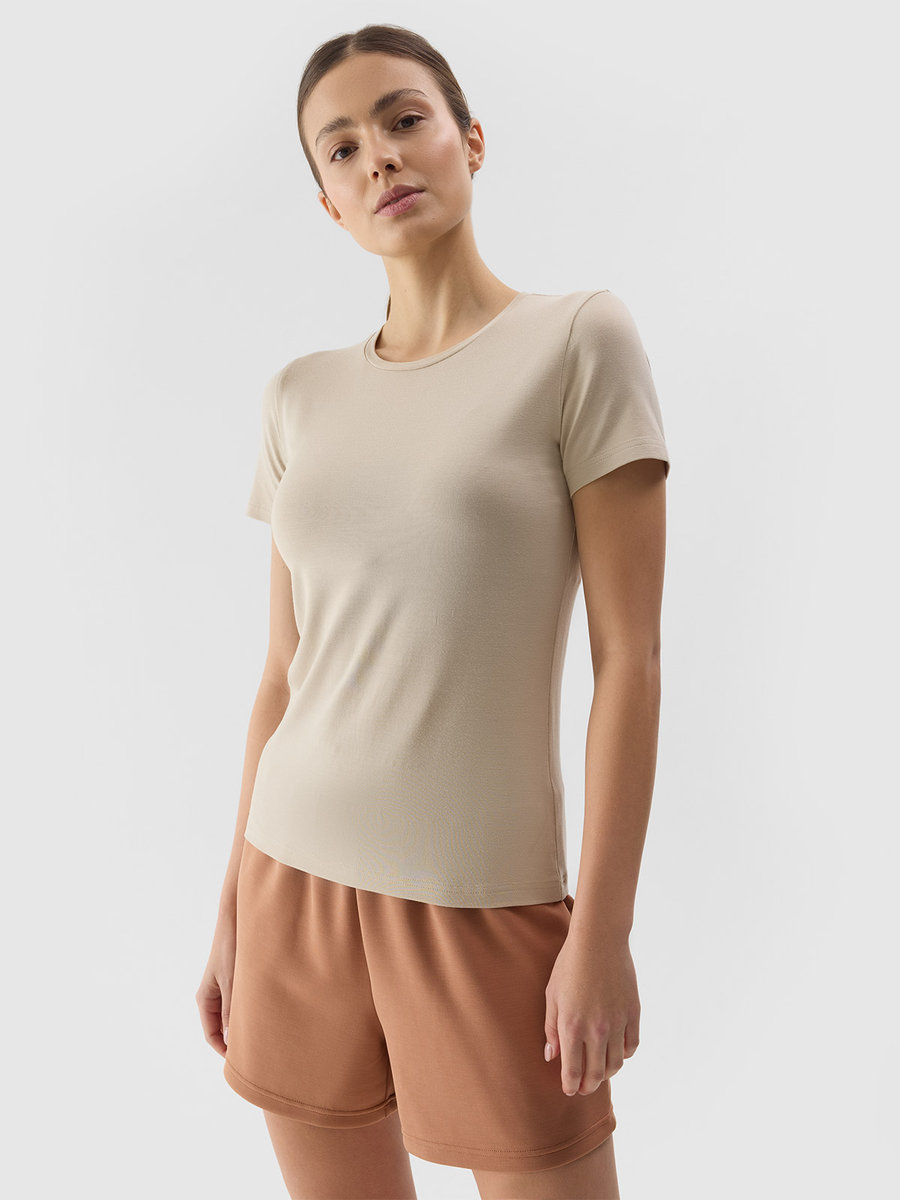 T-shirt slim gładki damski 4F 4FWSS24TTSHF1267-83S Beżowy