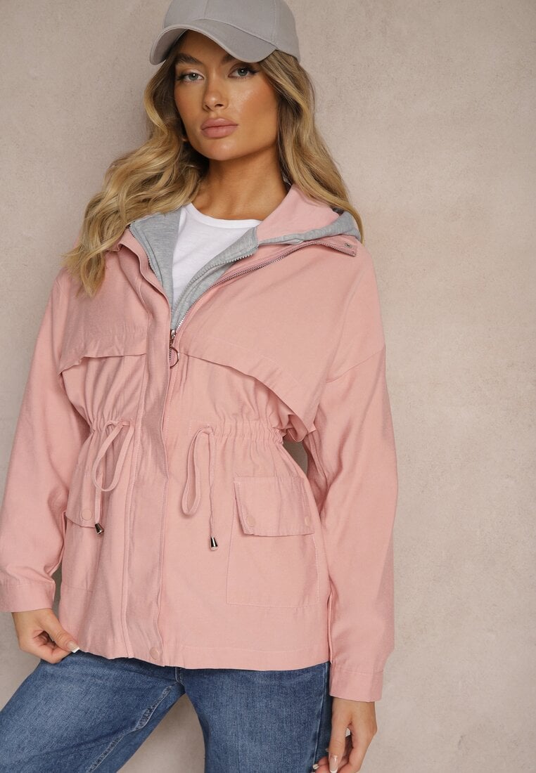 Różowa Kurtka Parka z Dodatkiem Bawełny Wykończona Troczkami Zapinana na Napy Velona