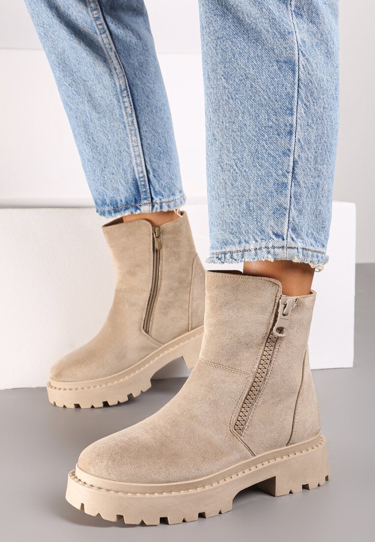 Ciemnobeżowe Botki na Grubej Podeszwie Ozdobione Suwakiem Tarilia