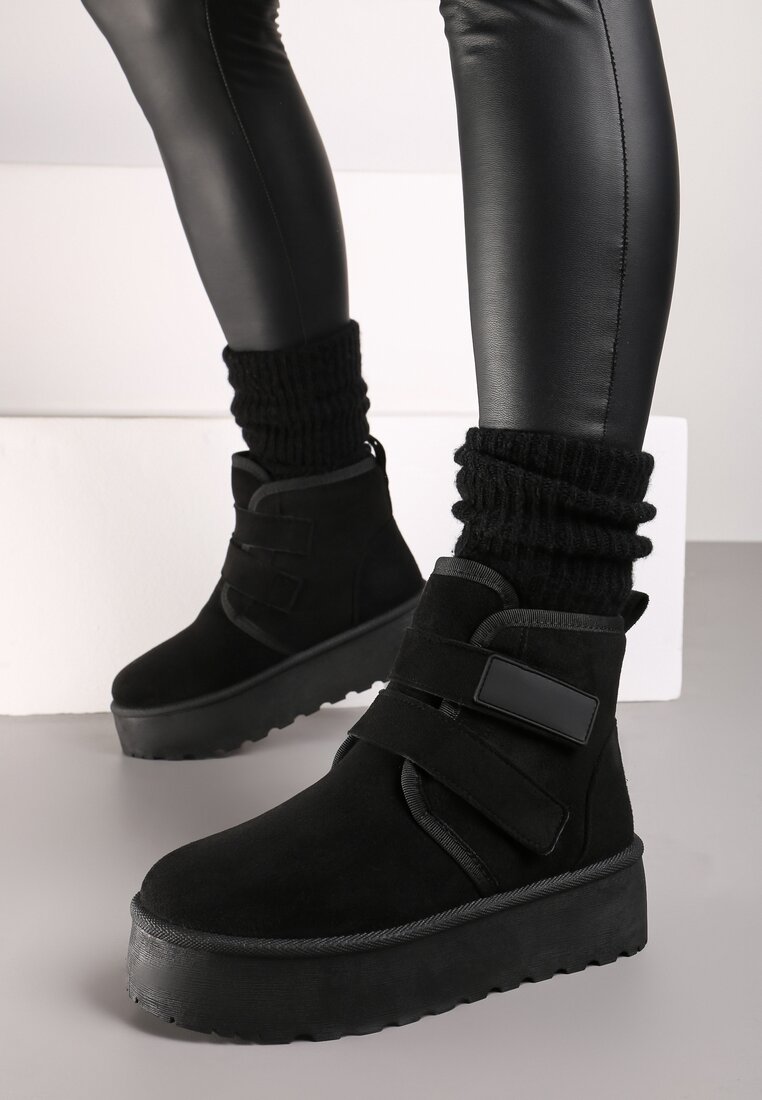 Czarne Śniegowce na Grubej Podeszwie Zapinane na Rzepy Tarorelle