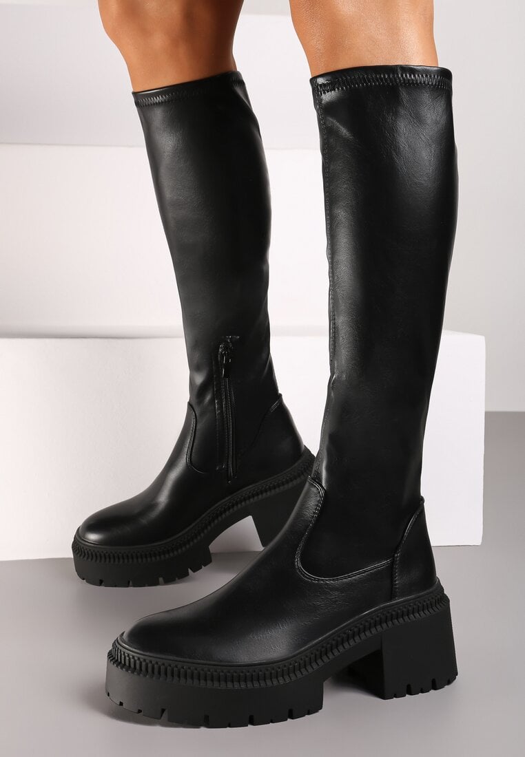 Czarne Długie Kozaki na Słupku z Dopasowaną Cholewką Laoriah