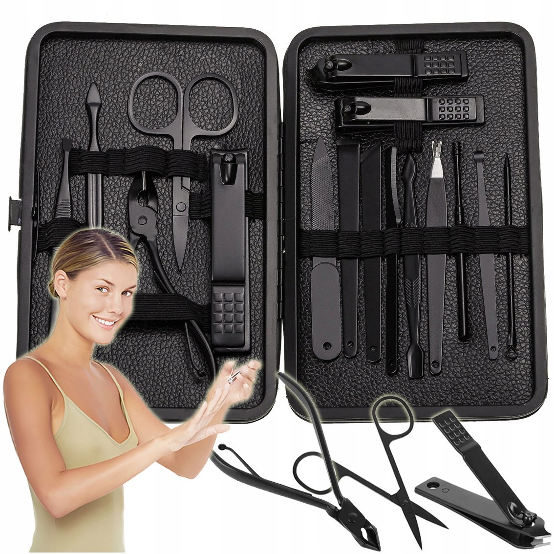 Duży ZESTAW do MANICURE PRZYBORNIK do PAZNOKCI 16w1 czarny ETUI na prezent