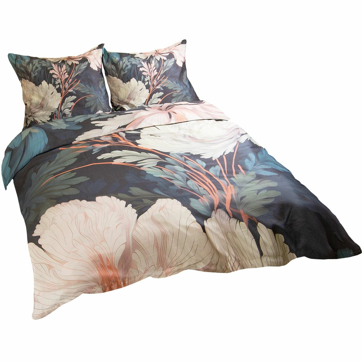 Pościel satynowa 160x200 Kwiaty czarna pudrowa SATYNLOVE PREMIUM