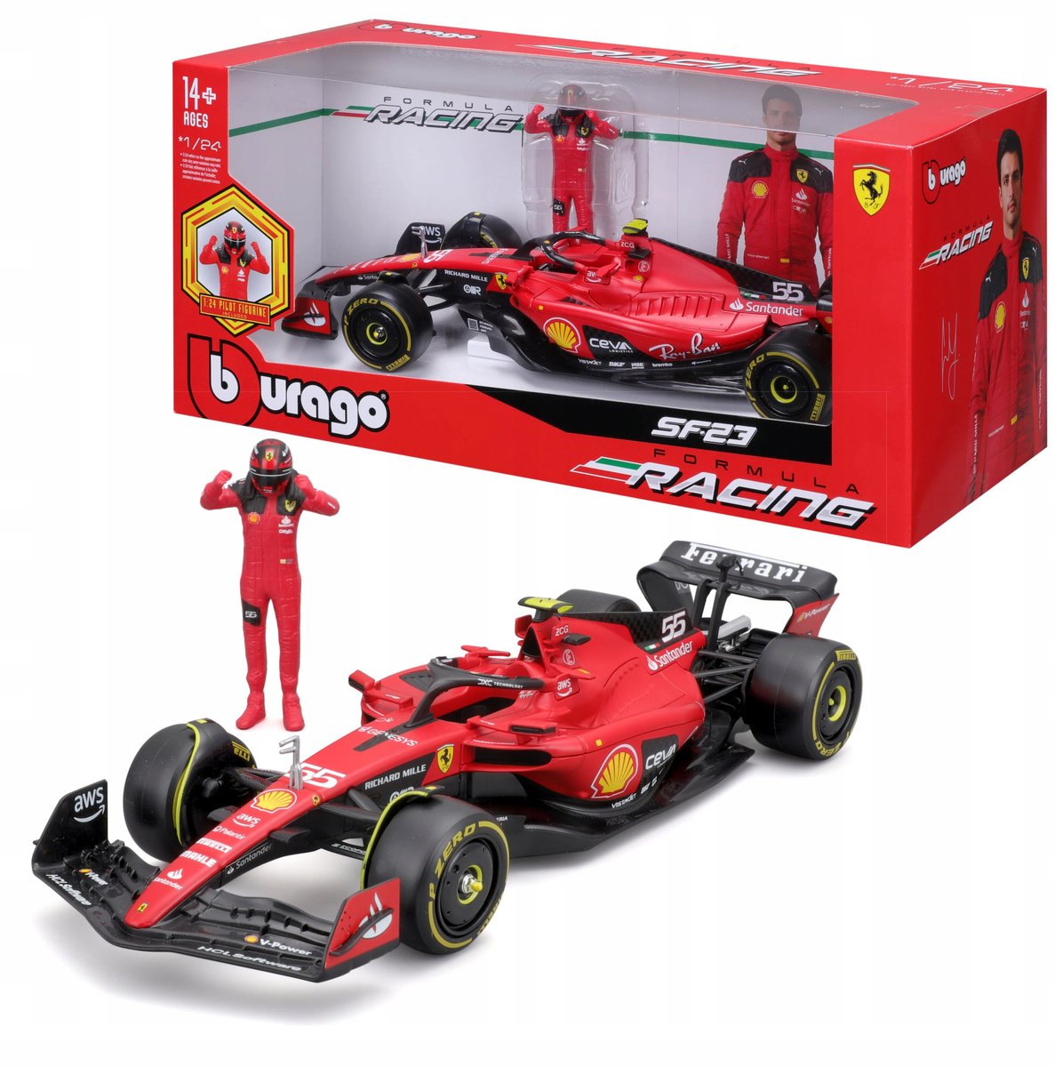 BOLID F1 Ferrari SF-23 FIGURKA CARLOS SAINZ 1:24 MODEL BBURAGO 18-26809