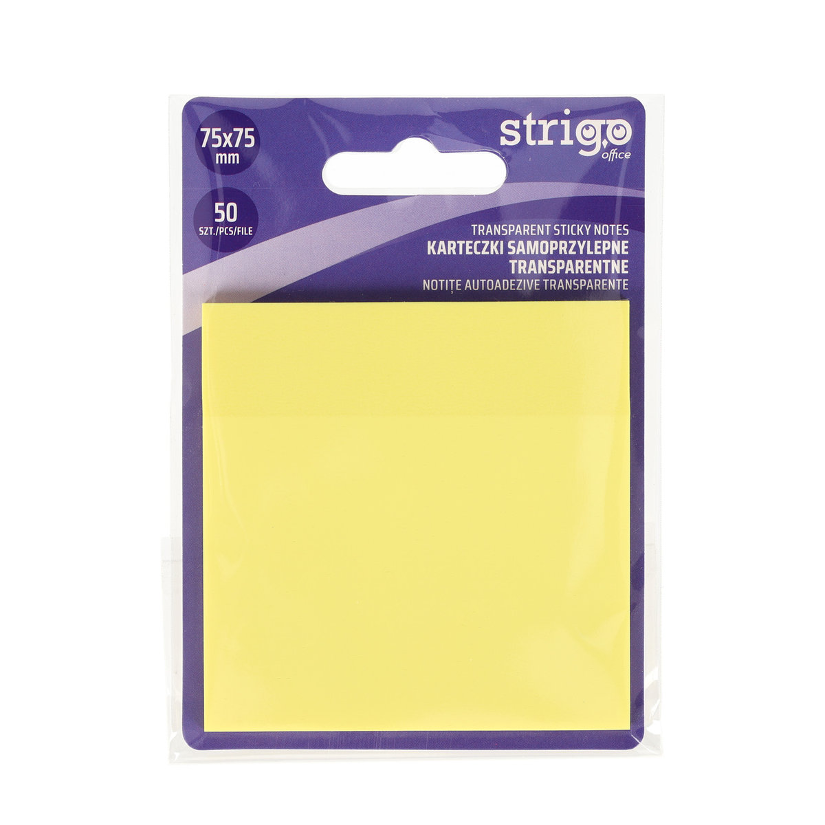 Karteczki samoprzylepne przezroczyste Strigo 75x75 50 kartek jasnożółte