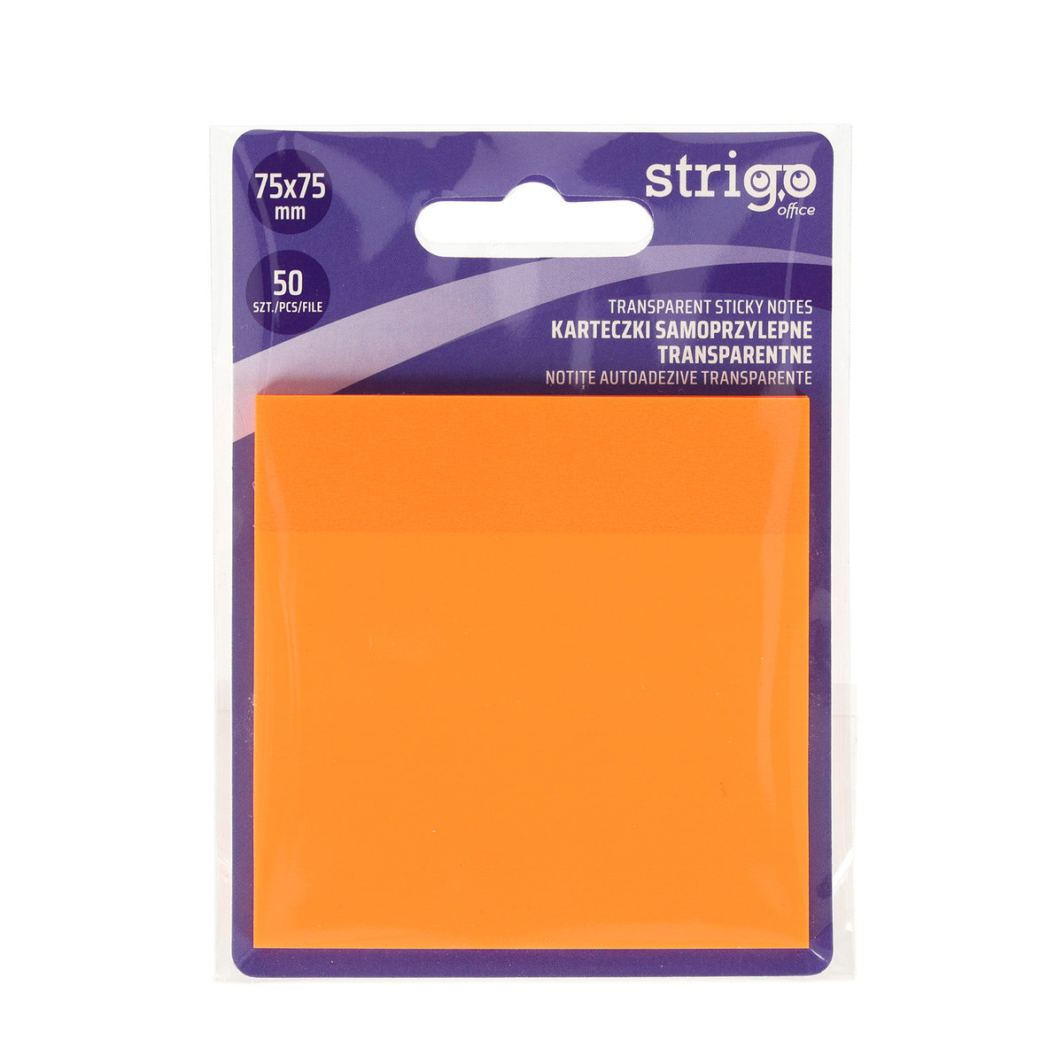 Karteczki samoprzylepne przezroczyste Strigo 75x75 50 kartek neon pomarańcz